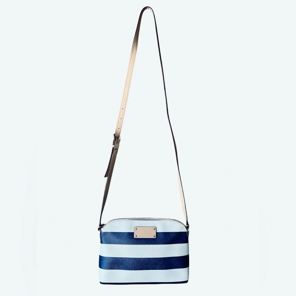 Kate Spade Navy and White Striped Leather Crossbody with Adjustable Tan Strap